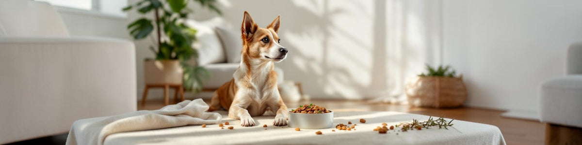 Ergänzungsfutter für Hunde – Hund mit Futternapf und ergänzenden Futterkomponenten