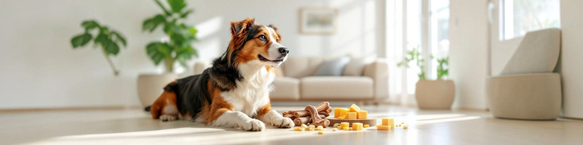 Hundesnacks und Kauartikel – Hund mit verschiedenen Snacks und Kauprodukten