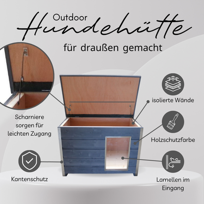 Wetterfeste Holz-Hundehütte grau mit aufklappbarem Flachdach, 110x70x80 cm
