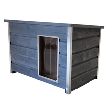 Wetterfeste Holz-Hundehütte grau mit aufklappbarem Flachdach, 110x70x80 cm