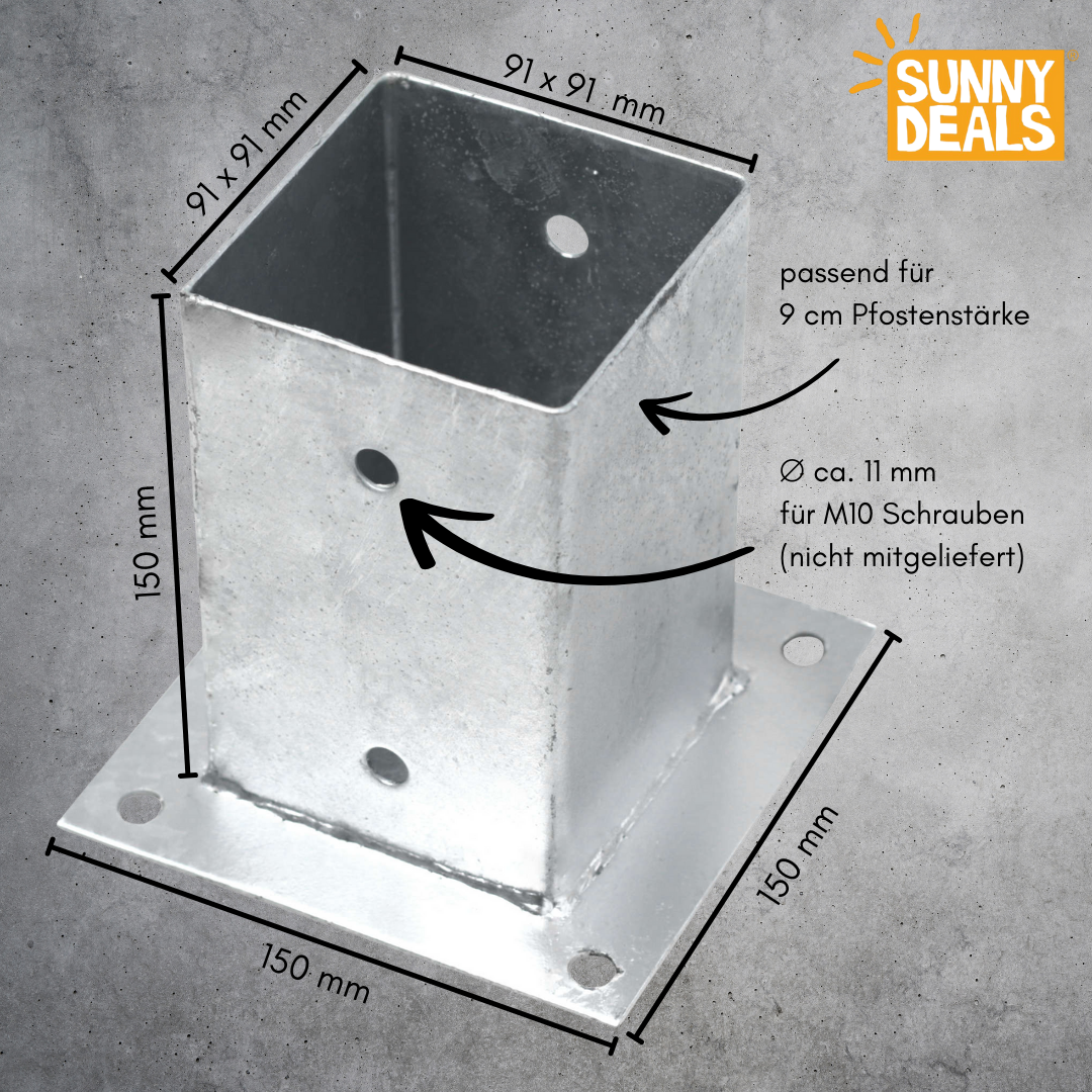 SunnyDeals Aufschraubhülse Größe 90 mm für 9 cm Pfostenstärke, Abmessungen