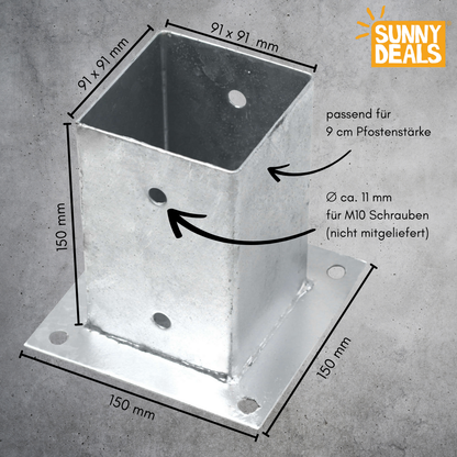 SunnyDeals Aufschraubhülse Größe 90 mm für 9 cm Pfostenstärke, Abmessungen