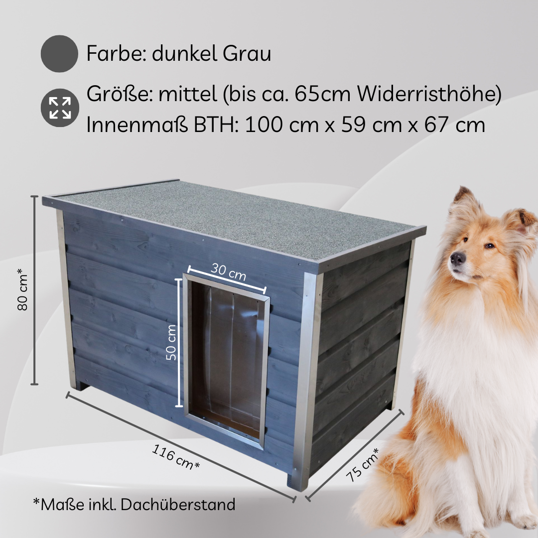 Wetterfeste Holz-Hundehütte grau mit aufklappbarem Flachdach, 110x70x80 cm