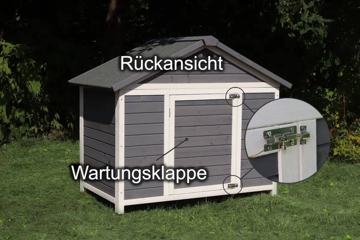 Holz-Hundehütte mit Satteldach, grau-weiß lasiert, wetterfest