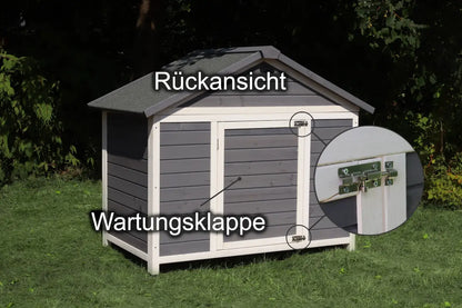 Holz-Hundehütte mit Satteldach, grau-weiß lasiert, wetterfest