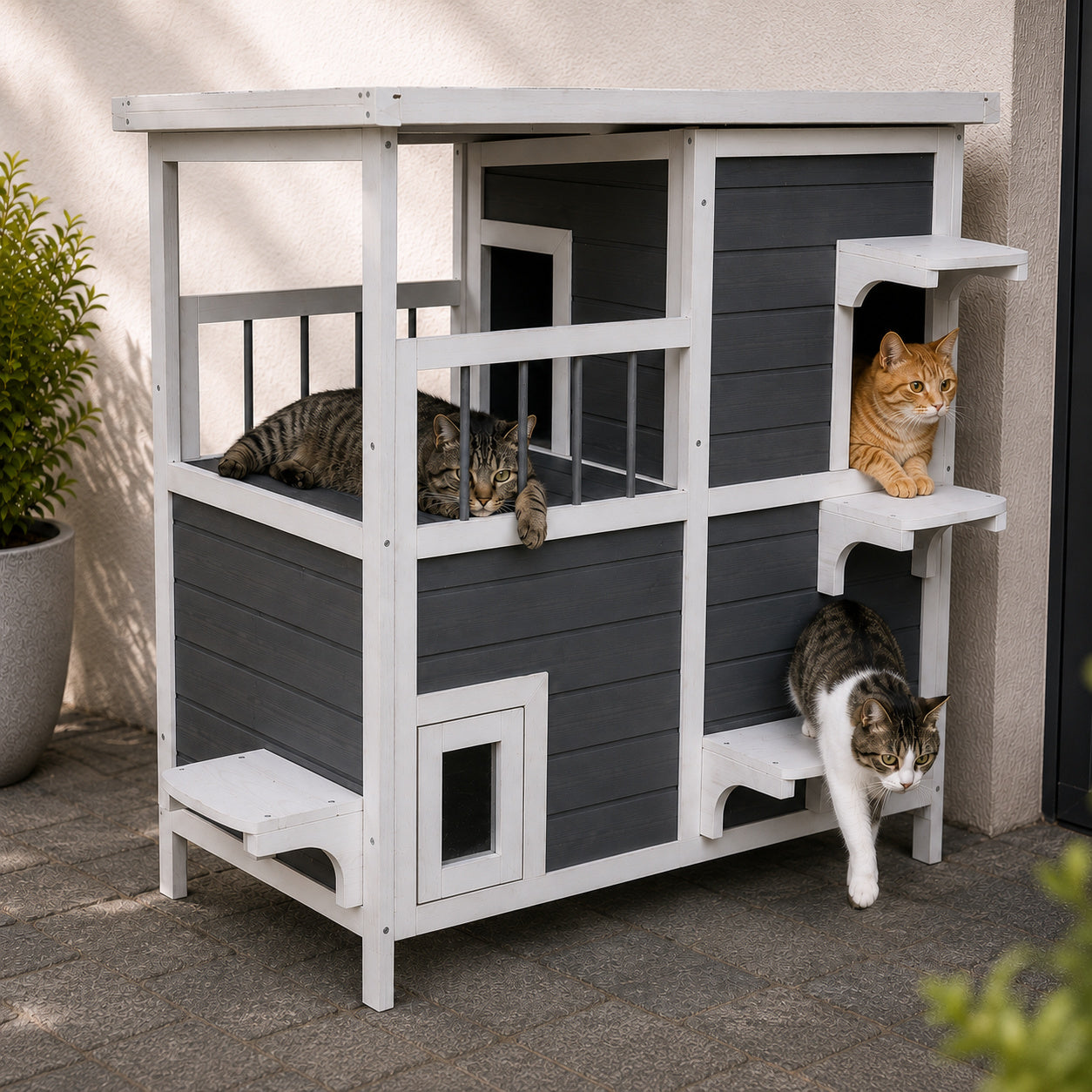 Katzenhaus mit 2 Etagen, Holz grau-weiß, 87 x 45 x 90,5 cm