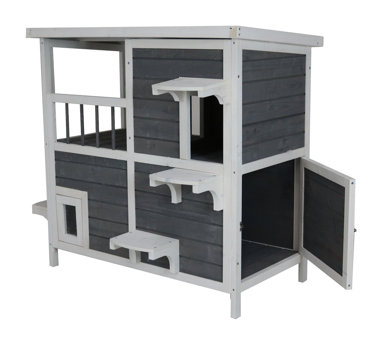 Katzenhaus mit 2 Etagen, Holz grau-weiß, 87 x 45 x 90,5 cm