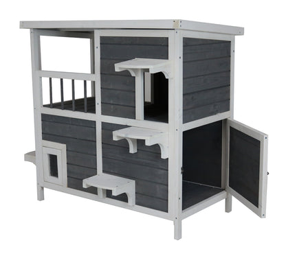 Katzenhaus mit 2 Etagen, Holz grau-weiß, 87 x 45 x 90,5 cm