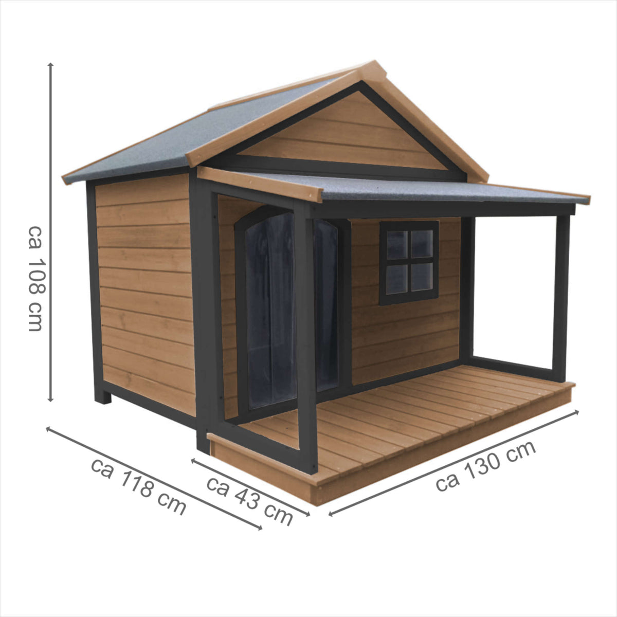 SunnyDogs Holz-Hundehütte mit Veranda & Satteldach, isoliert – braun