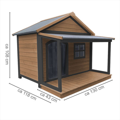SunnyDogs Holz-Hundehütte mit Veranda & Satteldach, isoliert – braun