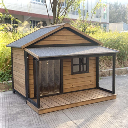 SunnyDogs Holz-Hundehütte mit Veranda & Satteldach, isoliert – braun