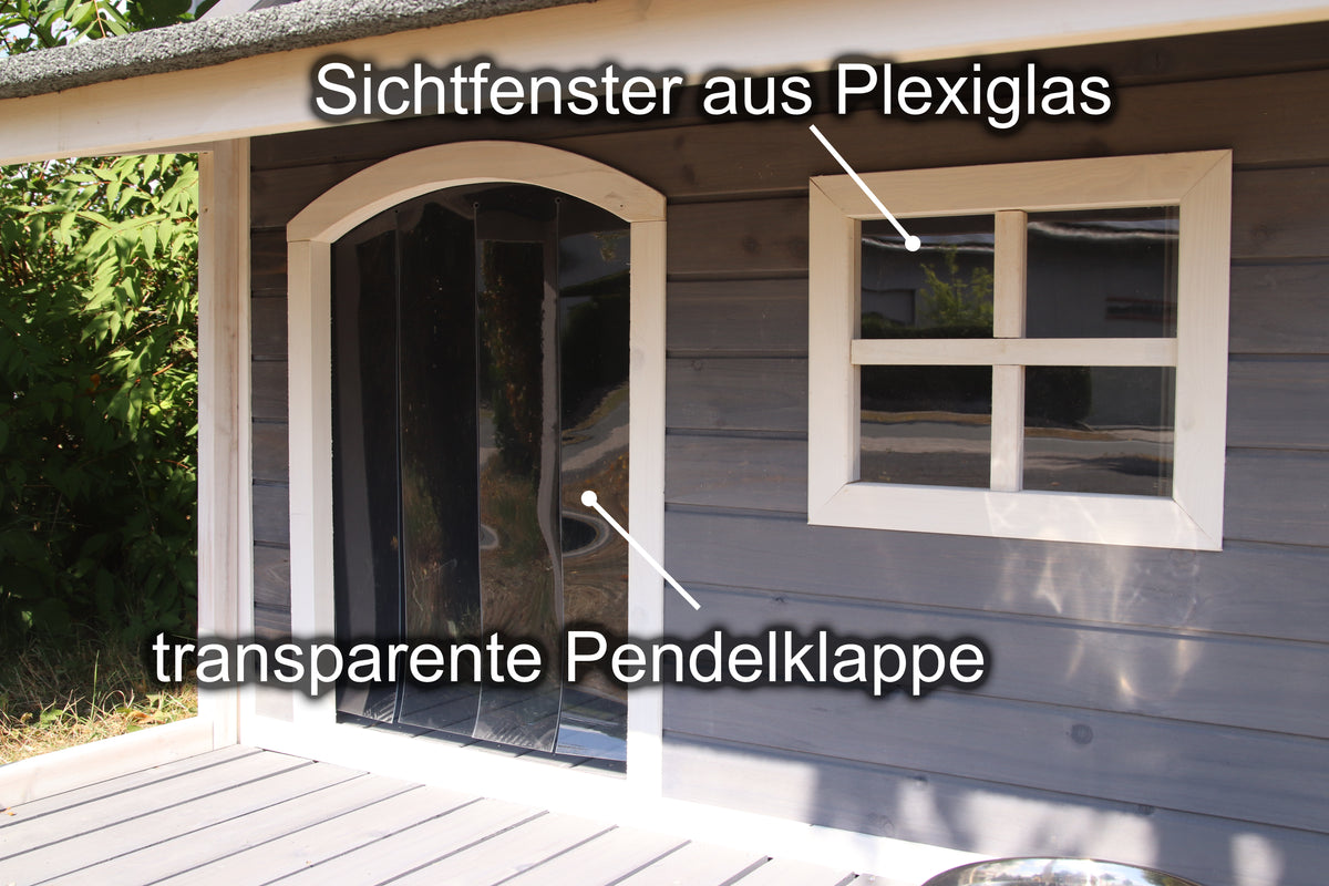 SunnyDogs Holz-Hundehütte mit Veranda & Satteldach, isoliert – braun