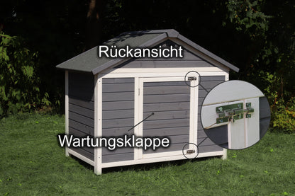 SunnyDogs Holz-Hundehütte mit Veranda & Satteldach, isoliert – braun