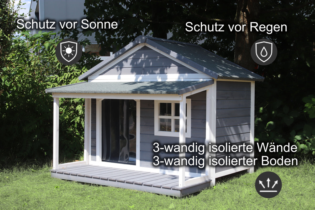 SunnyDogs Holz-Hundehütte mit Veranda & Satteldach, isoliert – braun