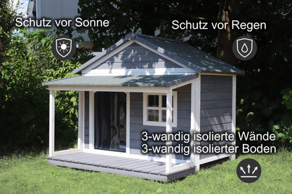 SunnyDogs Holz-Hundehütte mit Veranda & Satteldach, isoliert – braun