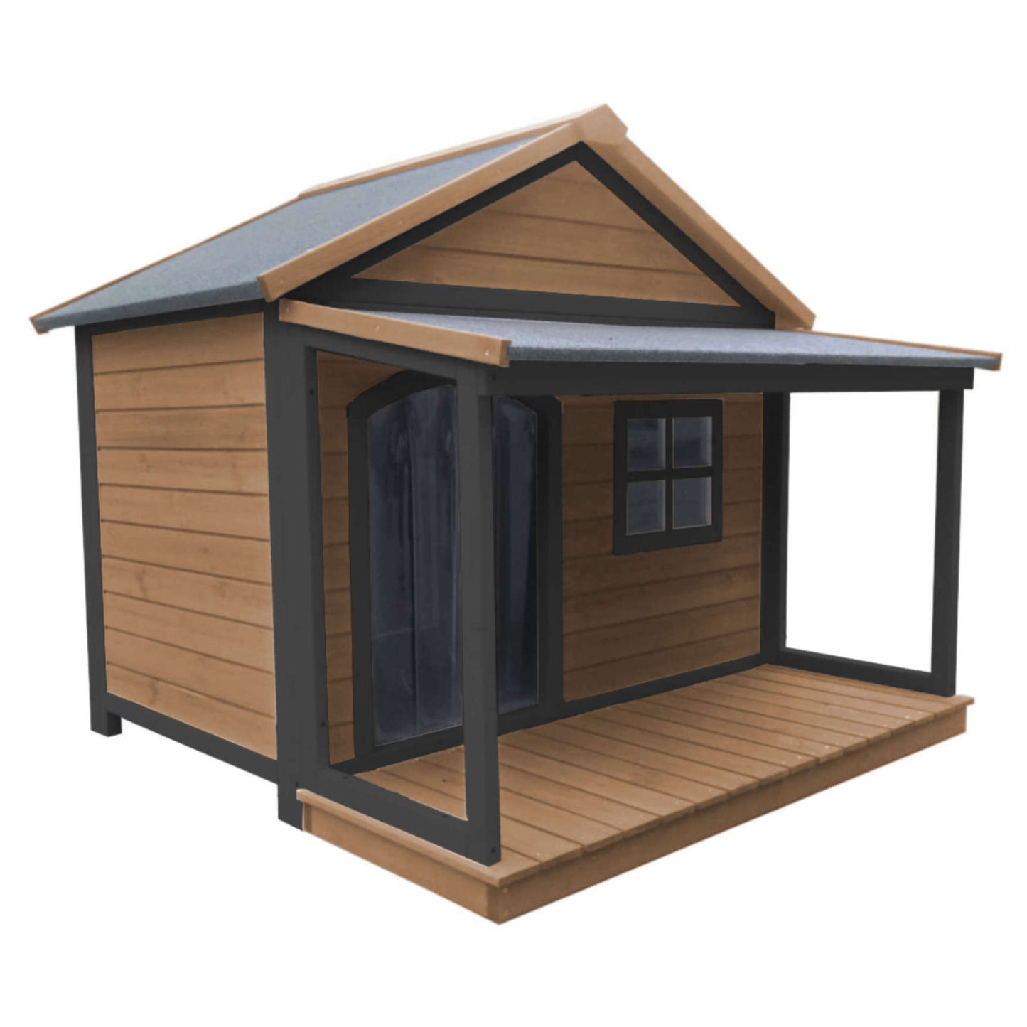SunnyDogs Holz-Hundehütte mit Veranda & Satteldach, isoliert – braun