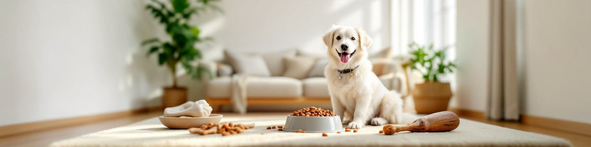 Hundefutter – Hund mit Futternapf und Kauartikel im Wohnbereich