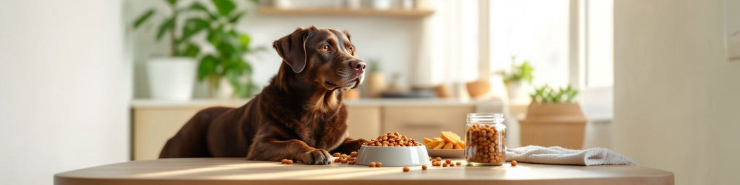 Nassfutter für Hunde – Hund neben einem Napf mit feuchtem Hundefutter