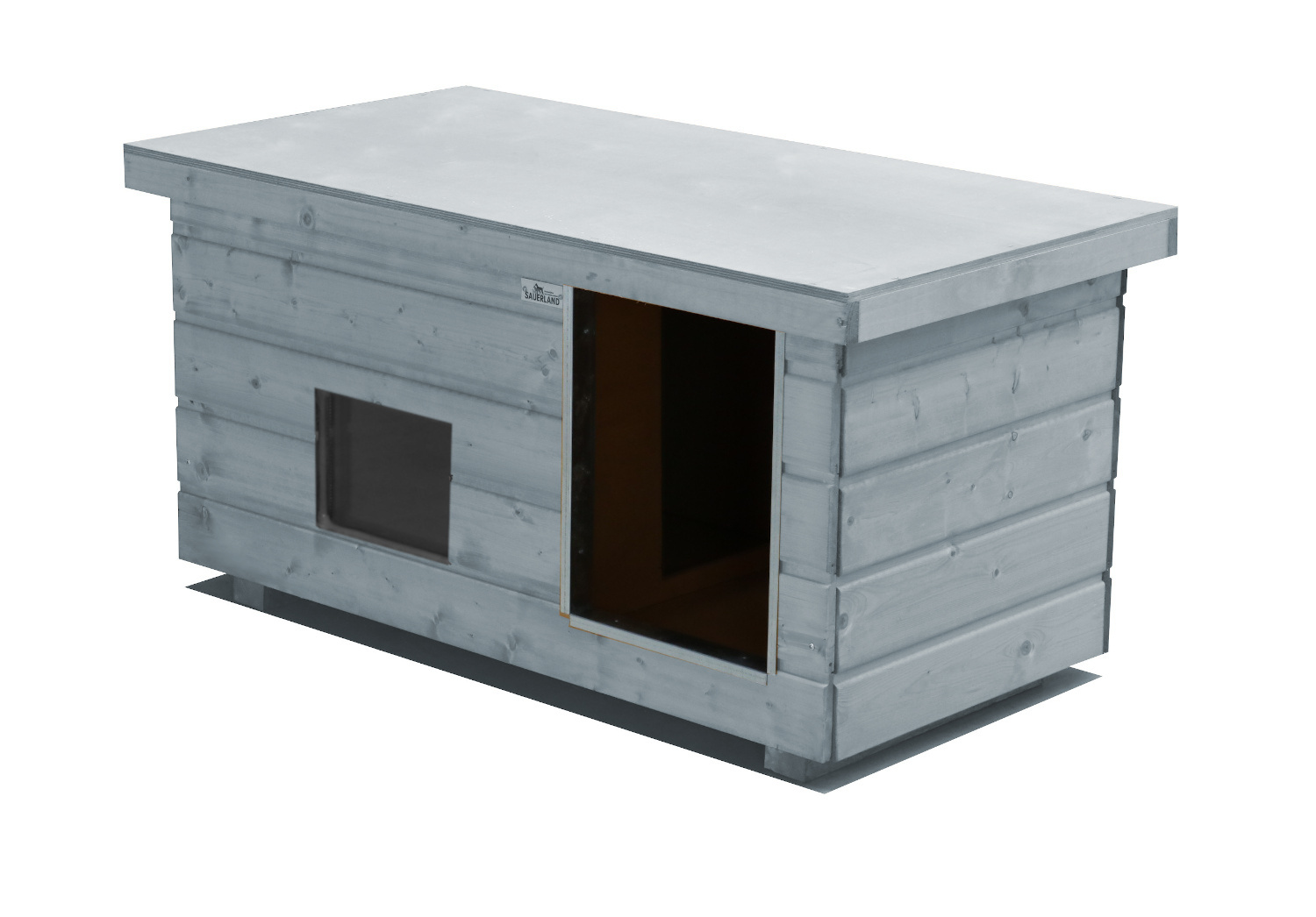 Original SAUERLAND Holz-Hundehütte mit Vorraum und Fenster, platingrau | Flachda...