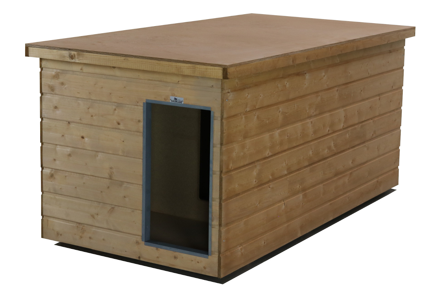 Original SAUERLAND Holz-Hundehütte mit Vorraum, braun imprägniert | Flachdach | Eingang Schmalseite | Größe Dino