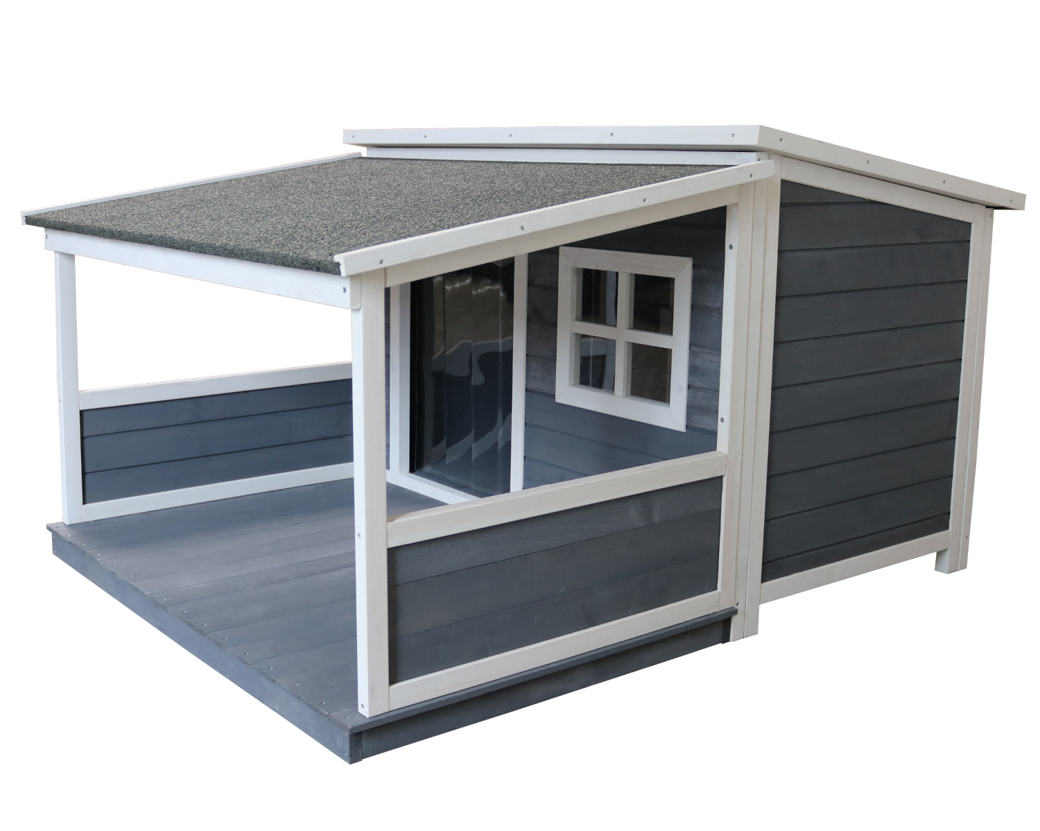 Holz-Hundehütte mit Pultdach und Terrasse, grau-weiß lasiert, wetterfest