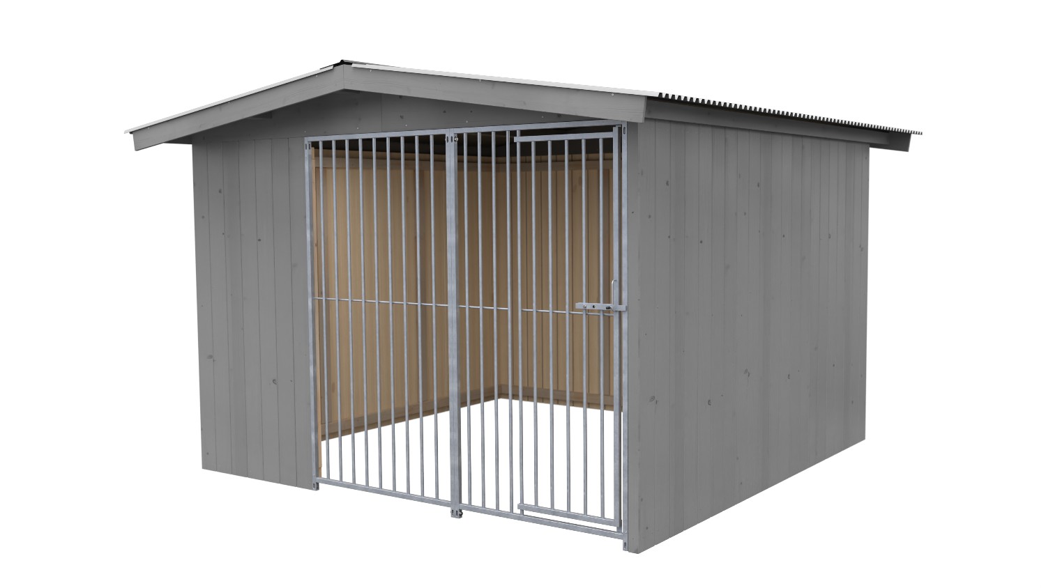 Villa Holz-Hundezwinger 3 x 3 m | Satteldach | Platingrau | Rohrstab Abstand 8 cm