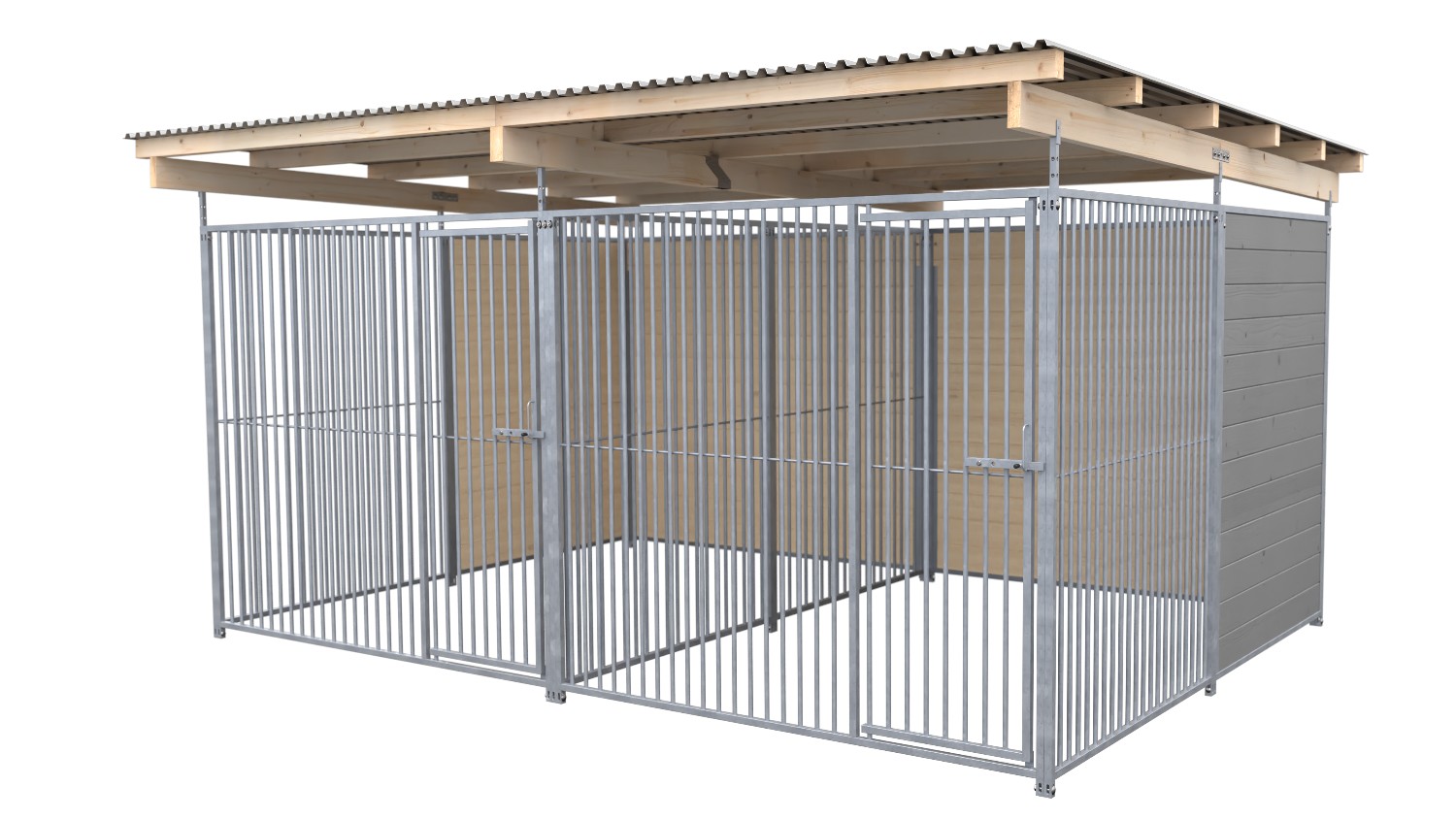 SAUERLAND Hundezwinger 3 x 4 m Doppelzwinger | hälftig geschlossen | platingrau | Rohrstab Abstand 5 cm
