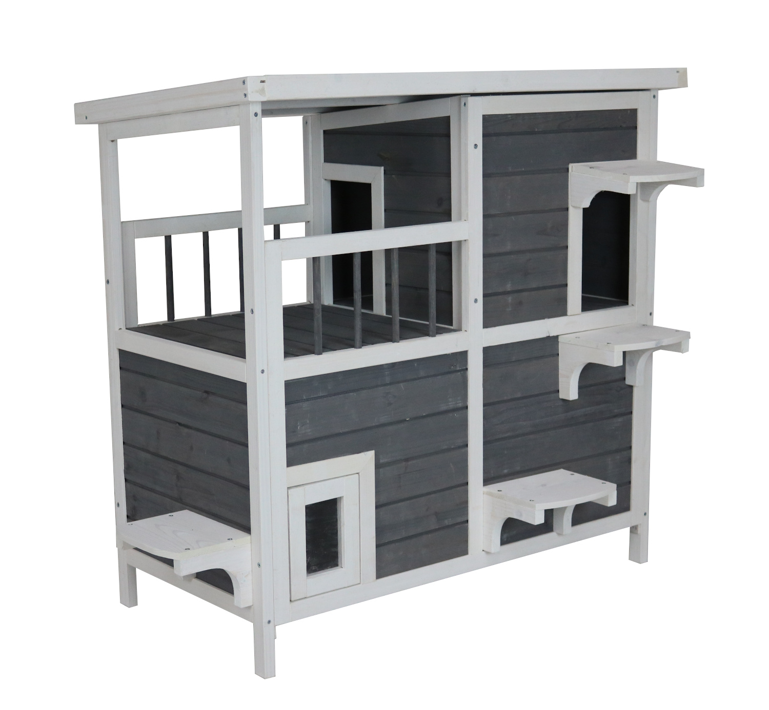 Katzenhaus mit 2 Etagen, Holz grau-weiß, 87 x 45 x 90,5 cm