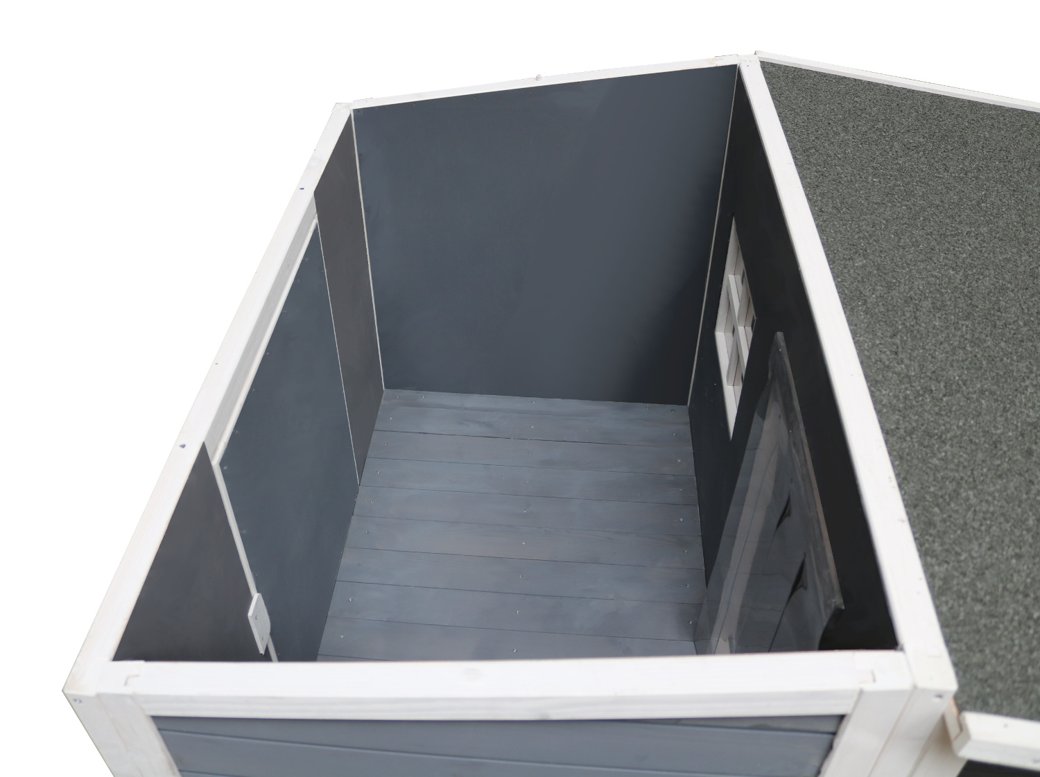 Holz-Hundehütte grau-weiß mit Terrasse, innenraum