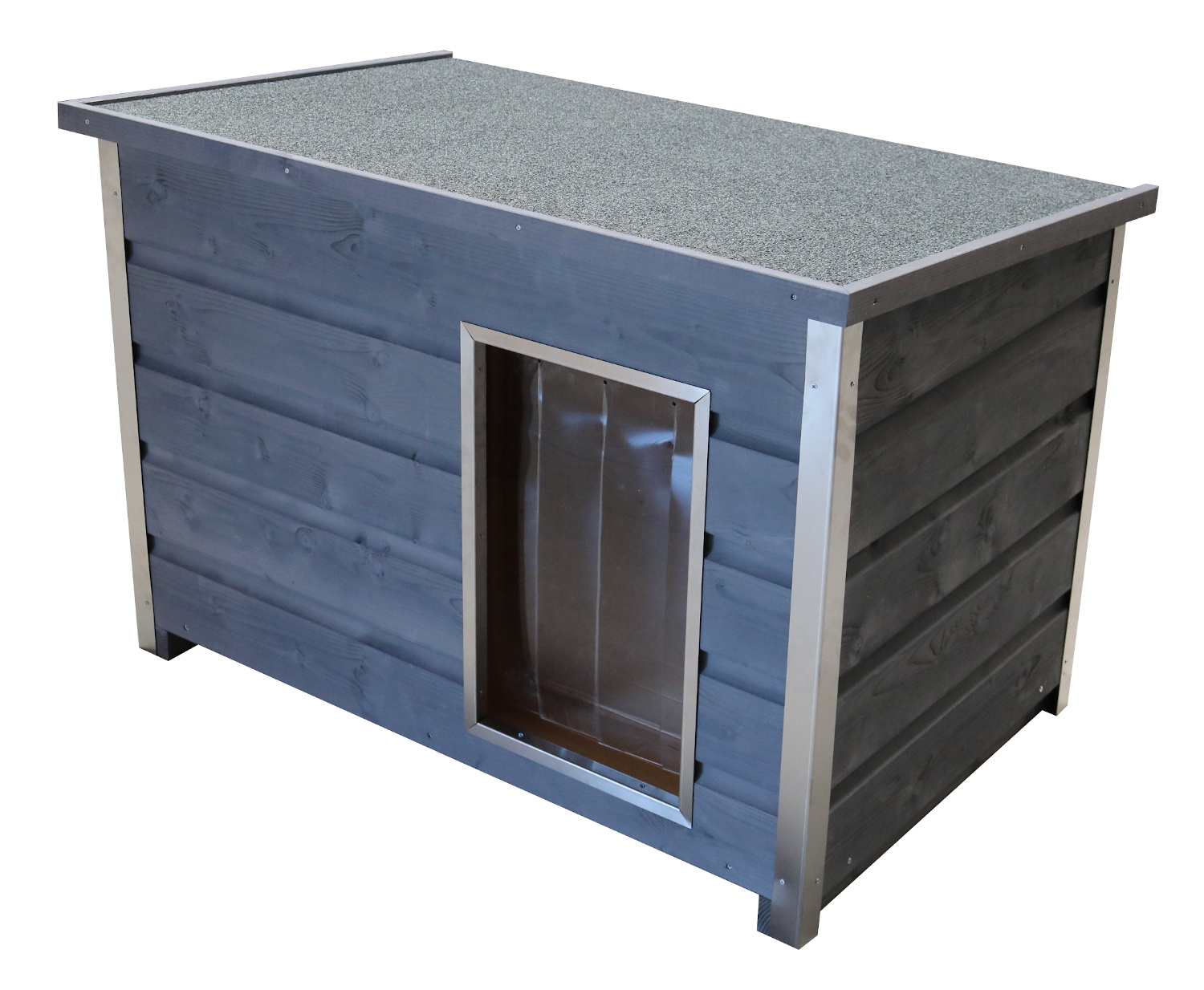 Wetterfeste Holz-Hundehütte grau mit aufklappbarem Flachdach, 110x70x80 cm