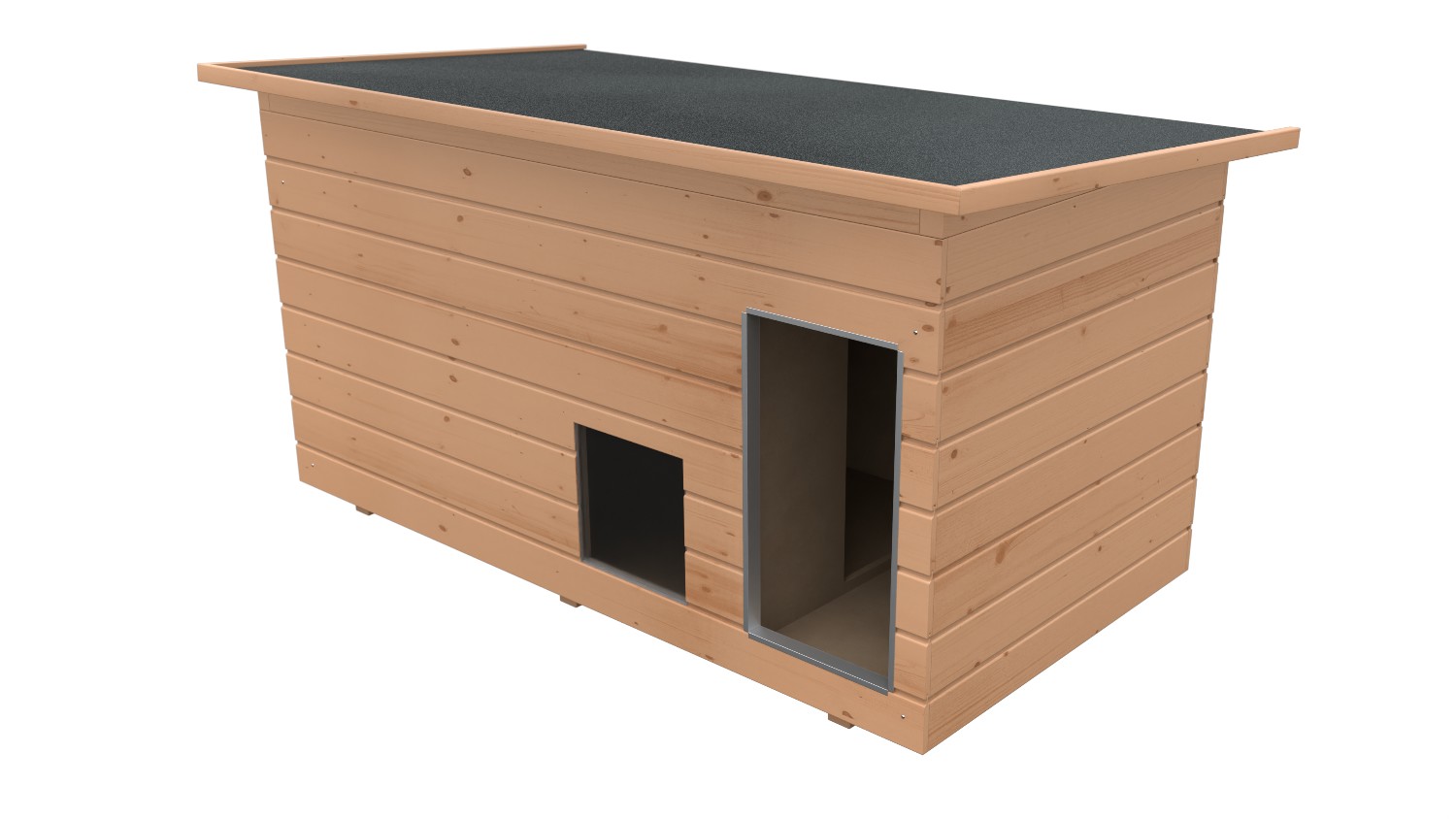 Original SAUERLAND Holz-Hundehütte mit Vorraum und Fenster, braun imprägniert | Pultdach Allwetter | Eingang Längsseite | Größe Dino