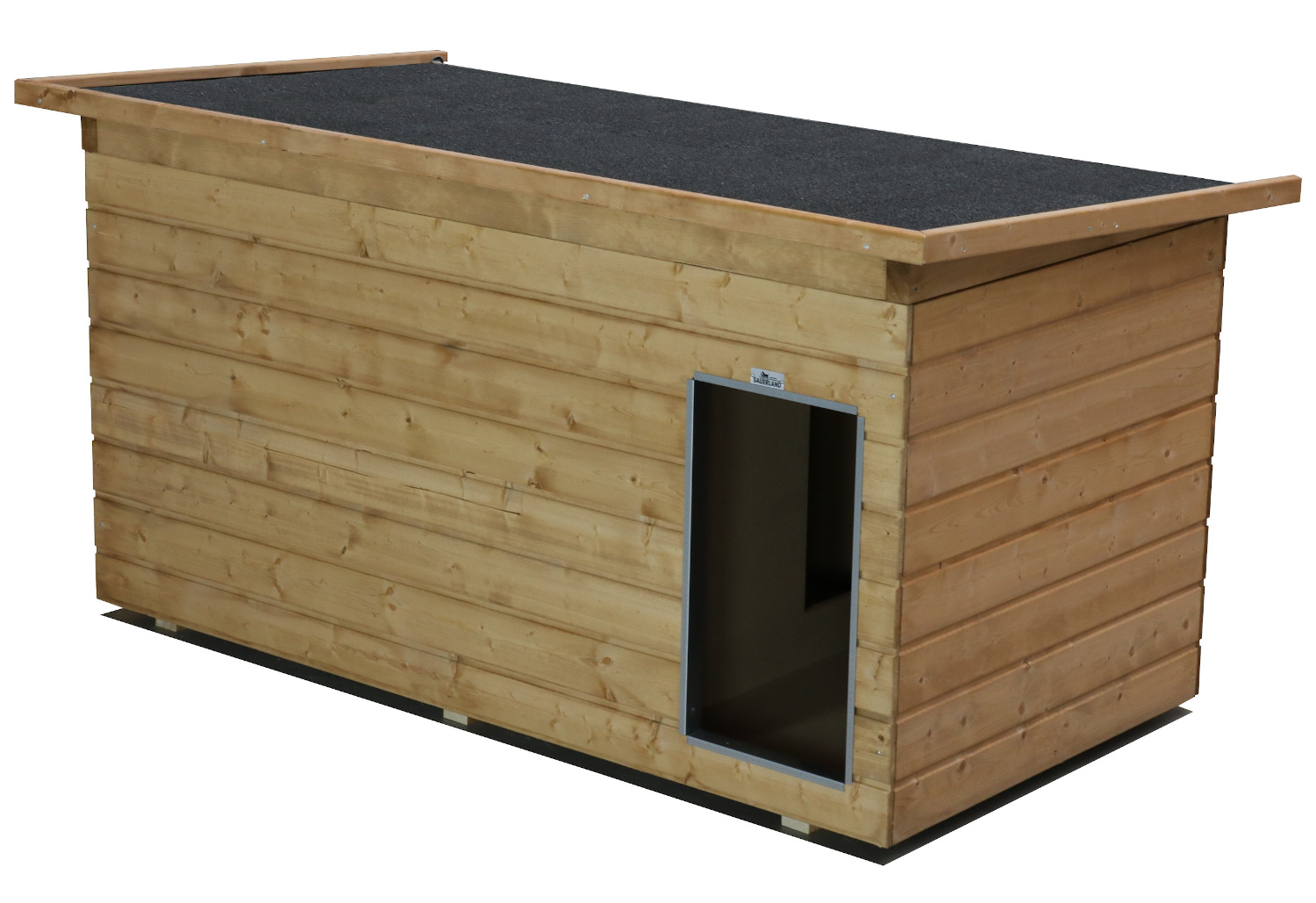 Original SAUERLAND Holz-Hundehütte mit Vorraum, braun imprägniert | Pultdach Allwetter | Eingang Längsseite | Größe Dino