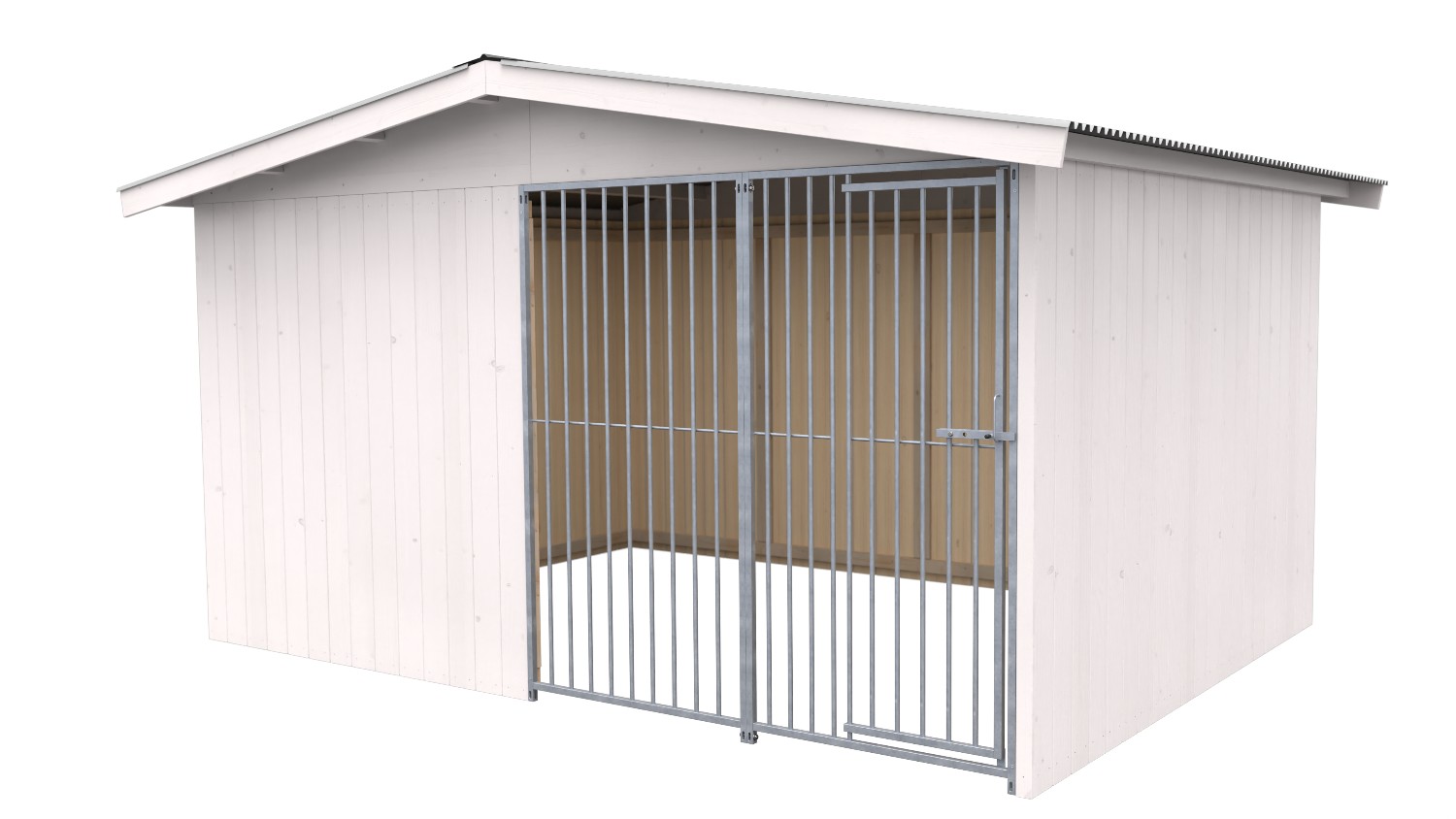 Villa Holz-Hundezwinger 3 x 4 m | Satteldach | Weiß lasiert | Rohrstab Abstand 8 cm