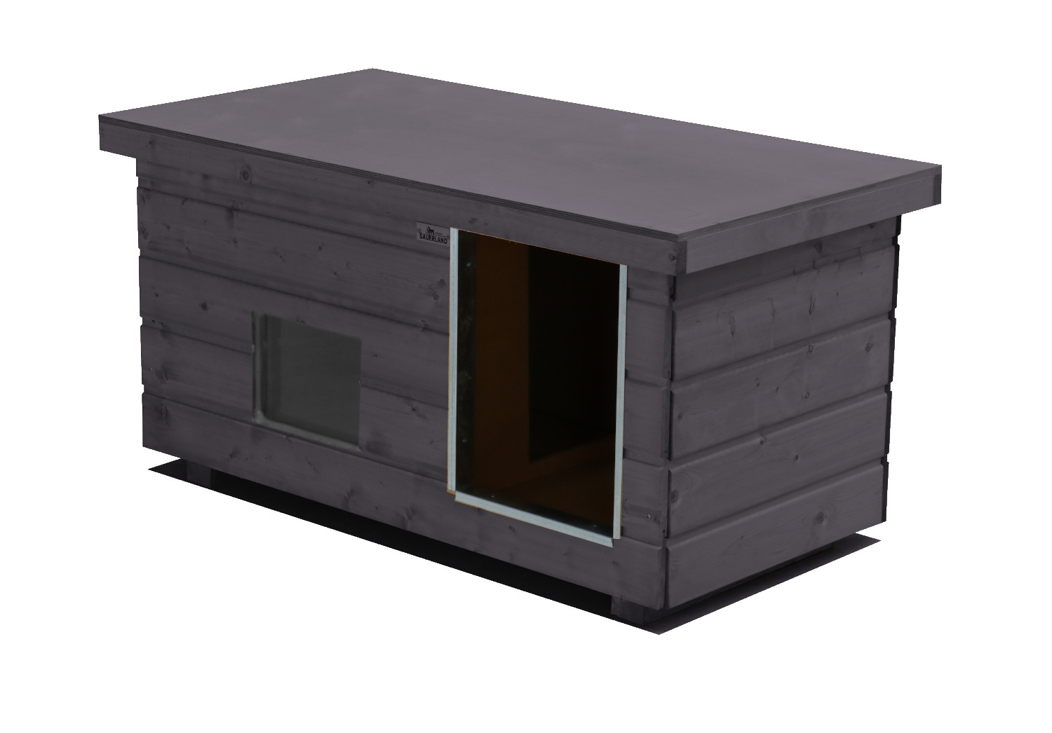 Original SAUERLAND Holz-Hundehütte mit Vorraum und Fenster, graphitgrau | Flachd...