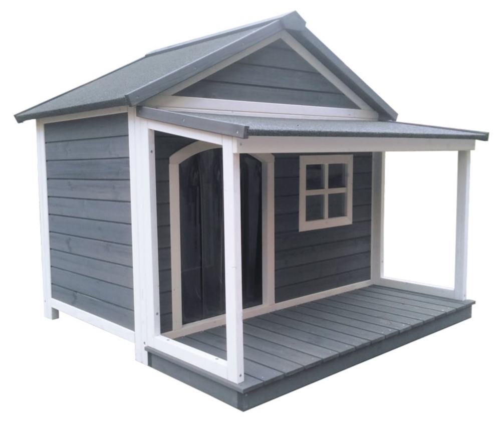 Holz-Hundehütte mit Satteldach und Veranda, grau-weiß lasiert, wetterfest Holz-Hundehütte mit Satteldach und Veranda, grau-weiß lasiert, wetterfest