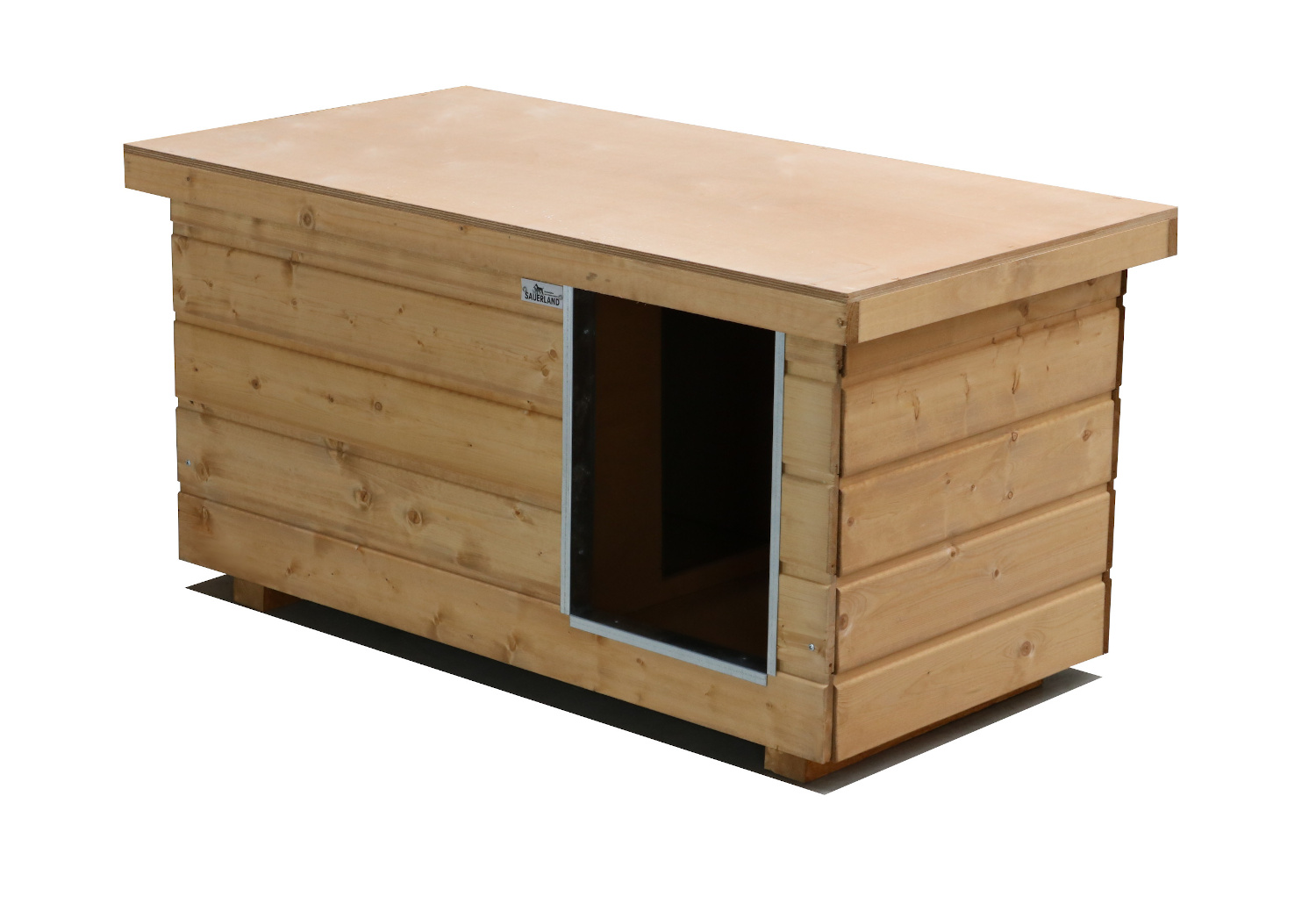 Original SAUERLAND Holz-Hundehütte mit Vorraum, braun imprägniert | Flachdach | Eingang Längsseite | Größe Napoleon