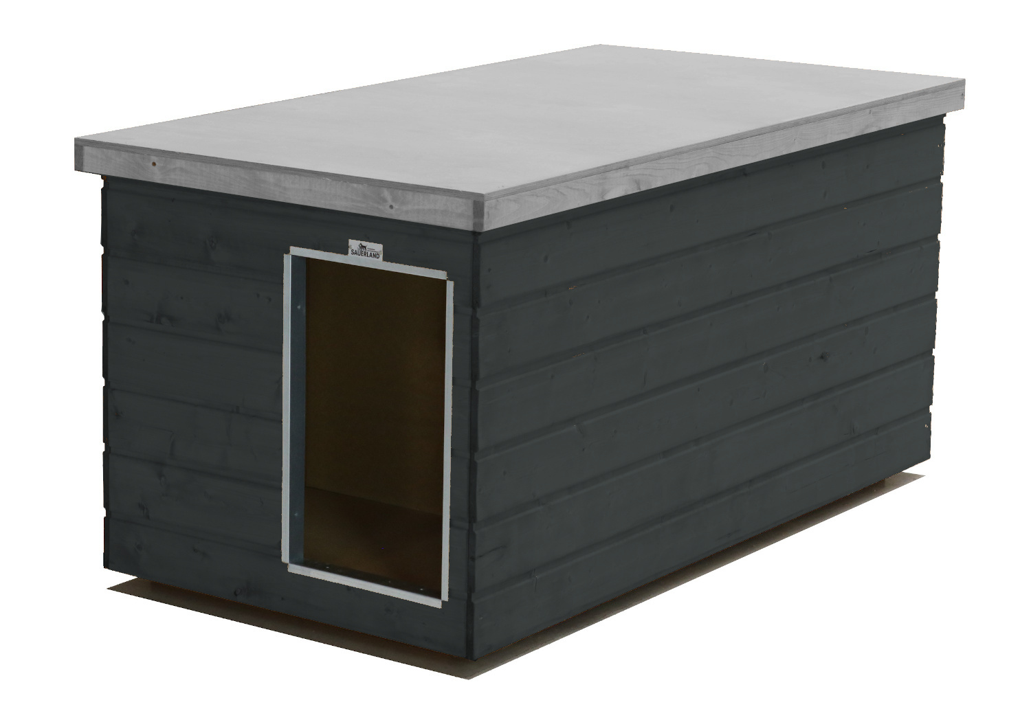 Original SAUERLAND Holz-Hundehütte mit Vorraum, graphitgrau/platingrau | Flachdach Dickschicht | Eingang Schmalseite | Größe Lassie