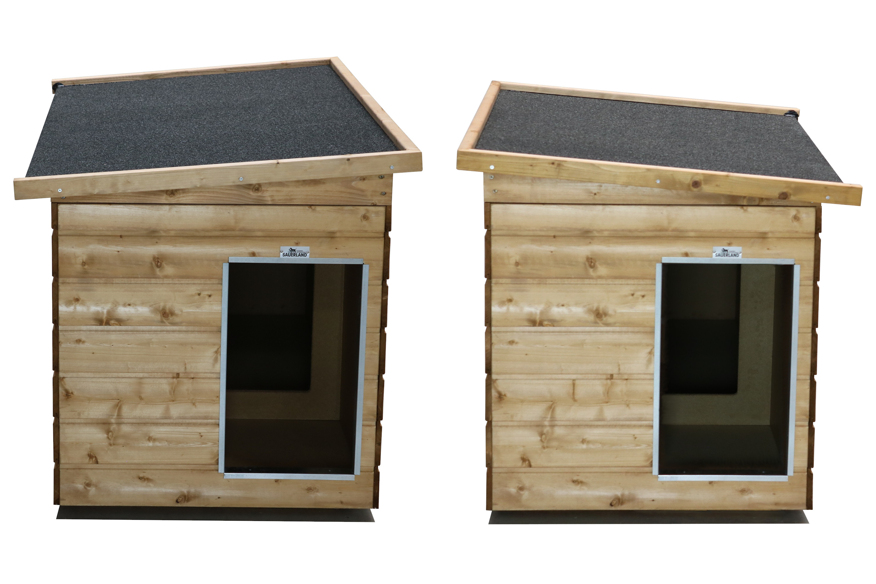 Original SAUERLAND Holz-Hundehütte mit Vorraum, braun imprägniert | Pultdach Allwetter | Eingang Schmalseite | Größe Lassie