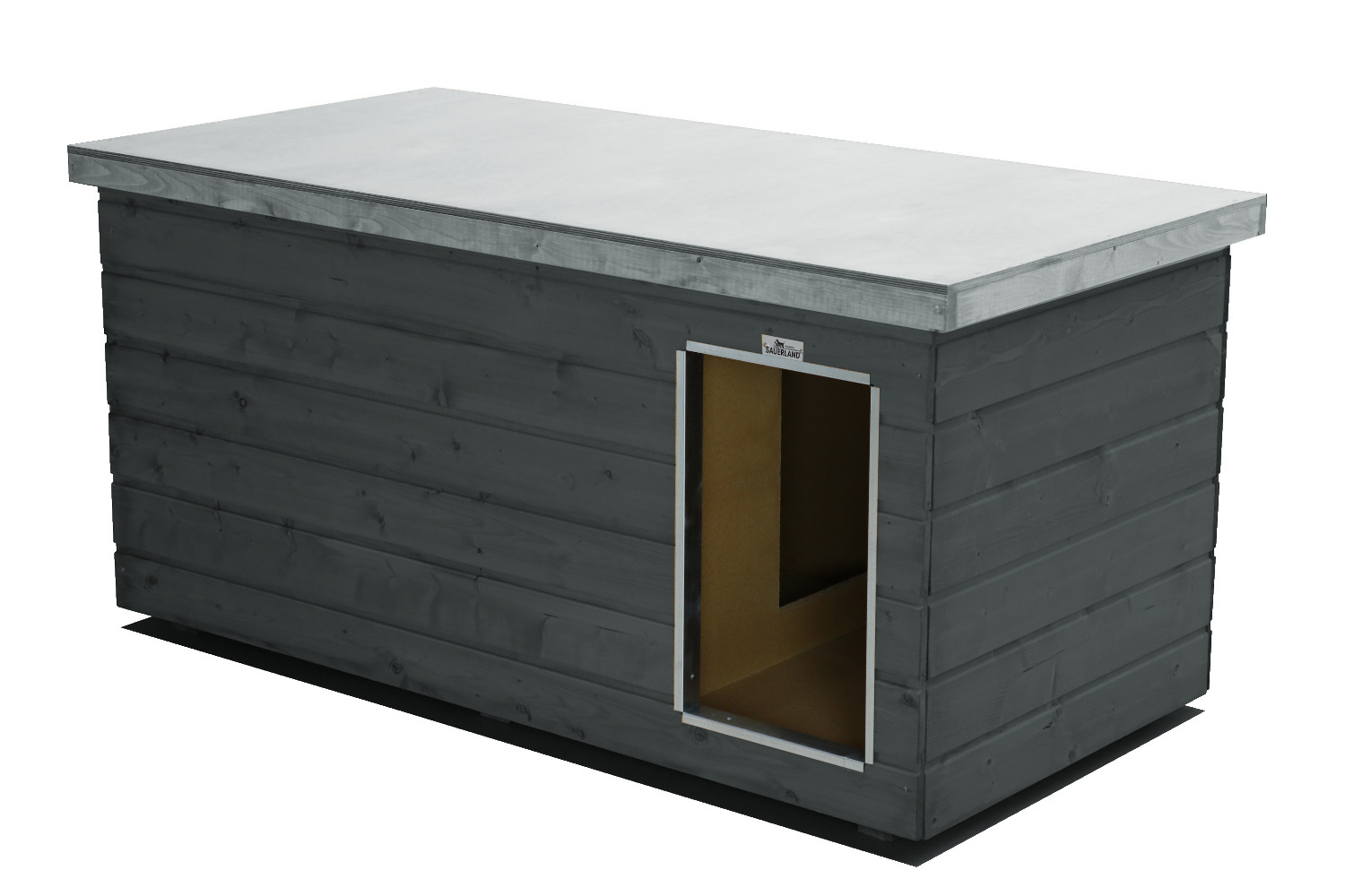 Original SAUERLAND Holz-Hundehütte mit Vorraum, graphitgrau/platingrau | Flachdach | Eingang Längsseite | Größe Lassie