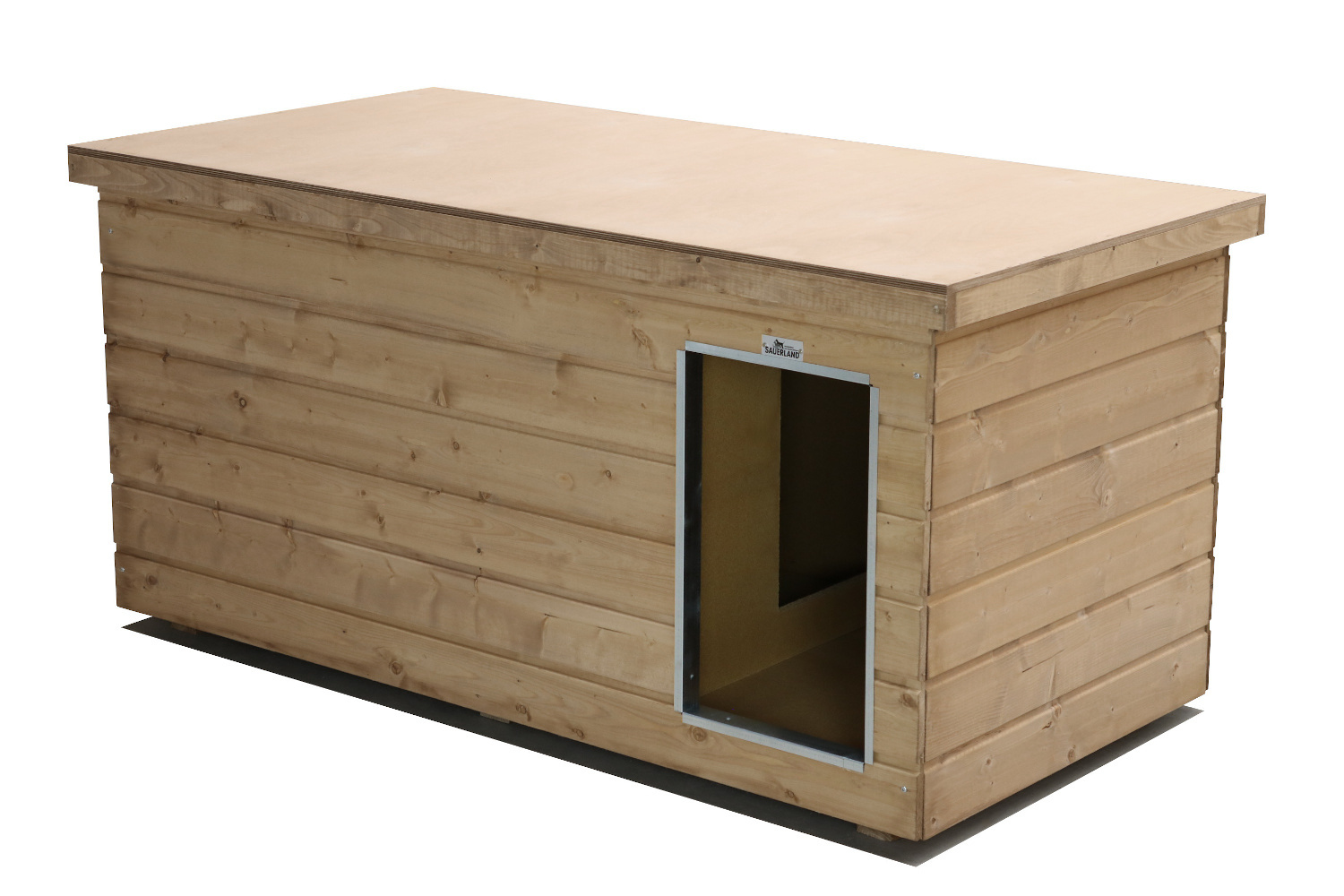 Original SAUERLAND Holz-Hundehütte mit Vorraum, naturbelassen | Flachdach | Eingang Längsseite | Größe Lassie