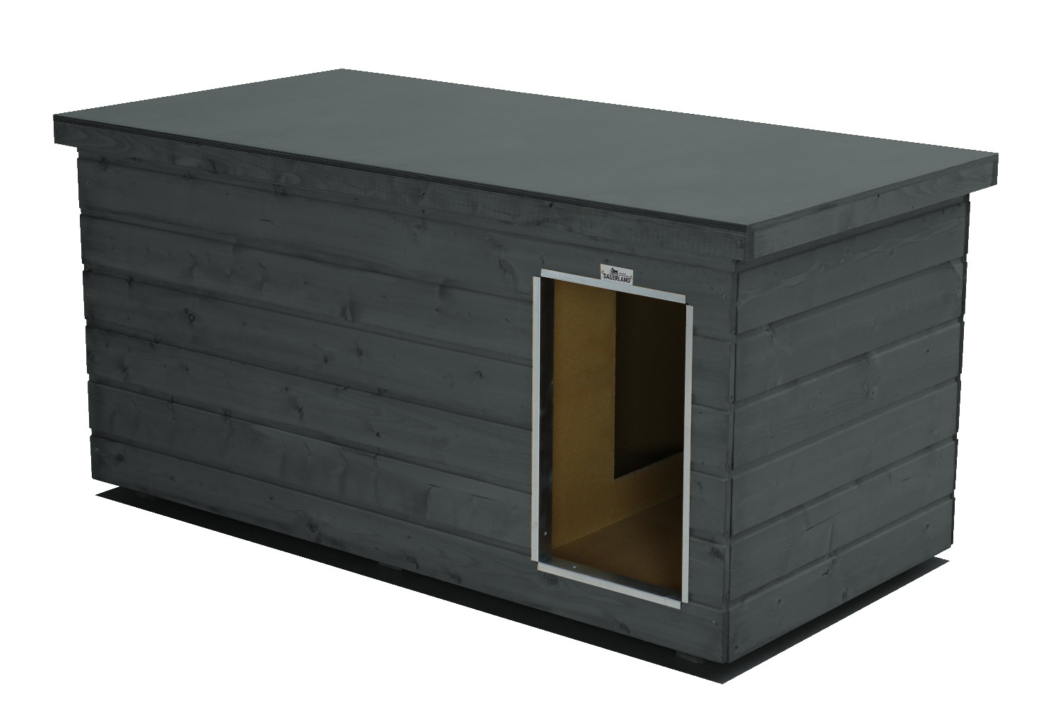 Original SAUERLAND Holz-Hundehütte mit Vorraum, graphitgrau | Flachdach | Eingang Längsseite | Größe Lassie
