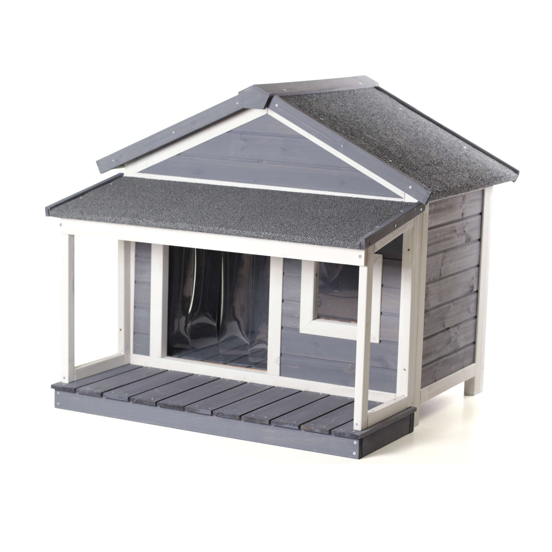 Holz-Hundehütte, klein, mit Satteldach und Veranda, grau, wetterfest Holz-Hundehütte, klein, mit Satteldach und Veranda, grau, wetterfest