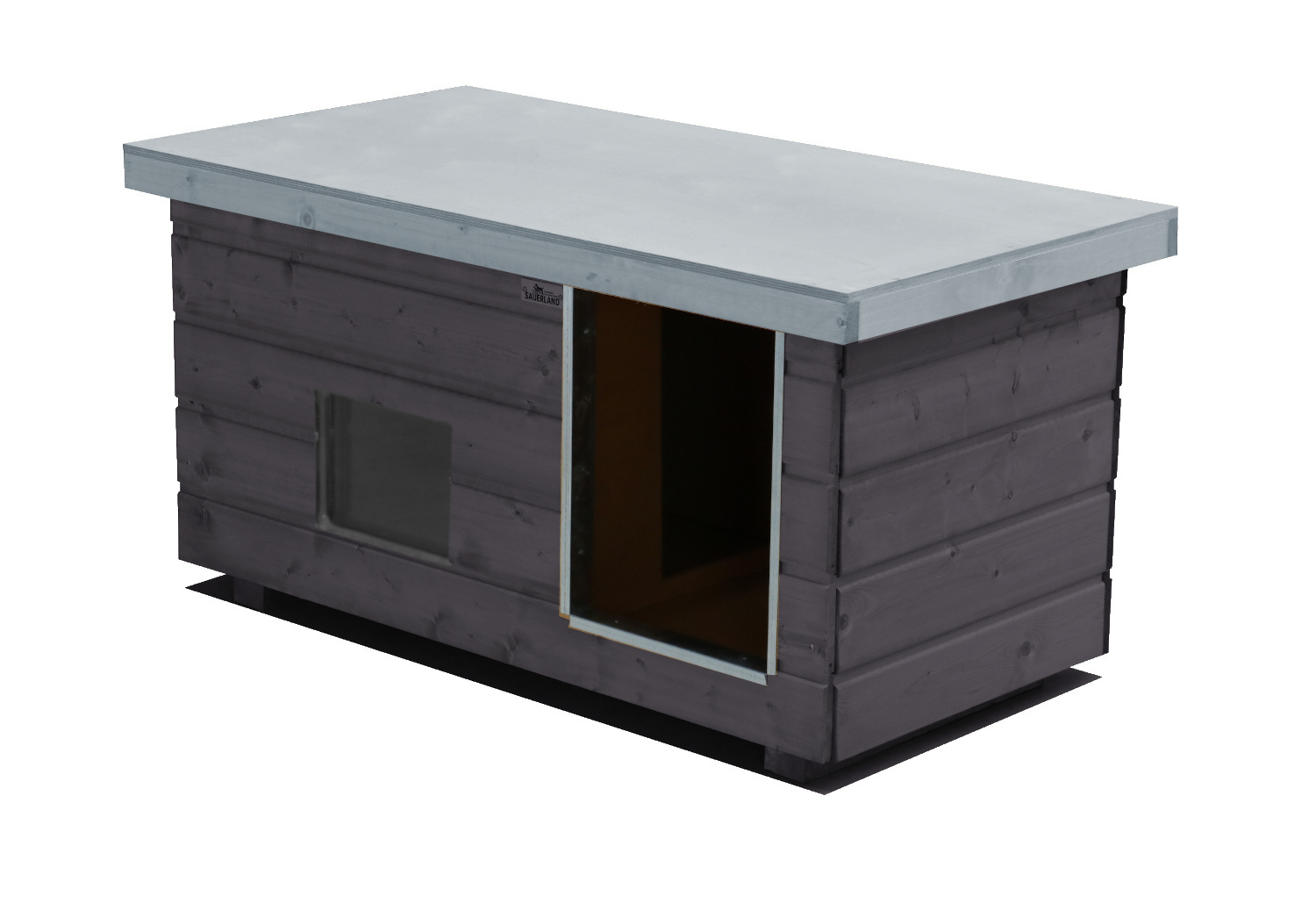 Original SAUERLAND Holz-Hundehütte mit Vorraum und Fenster, graphitgrau/platingrau | Flachdach | Eingang Längsseite | Größe Napoleon