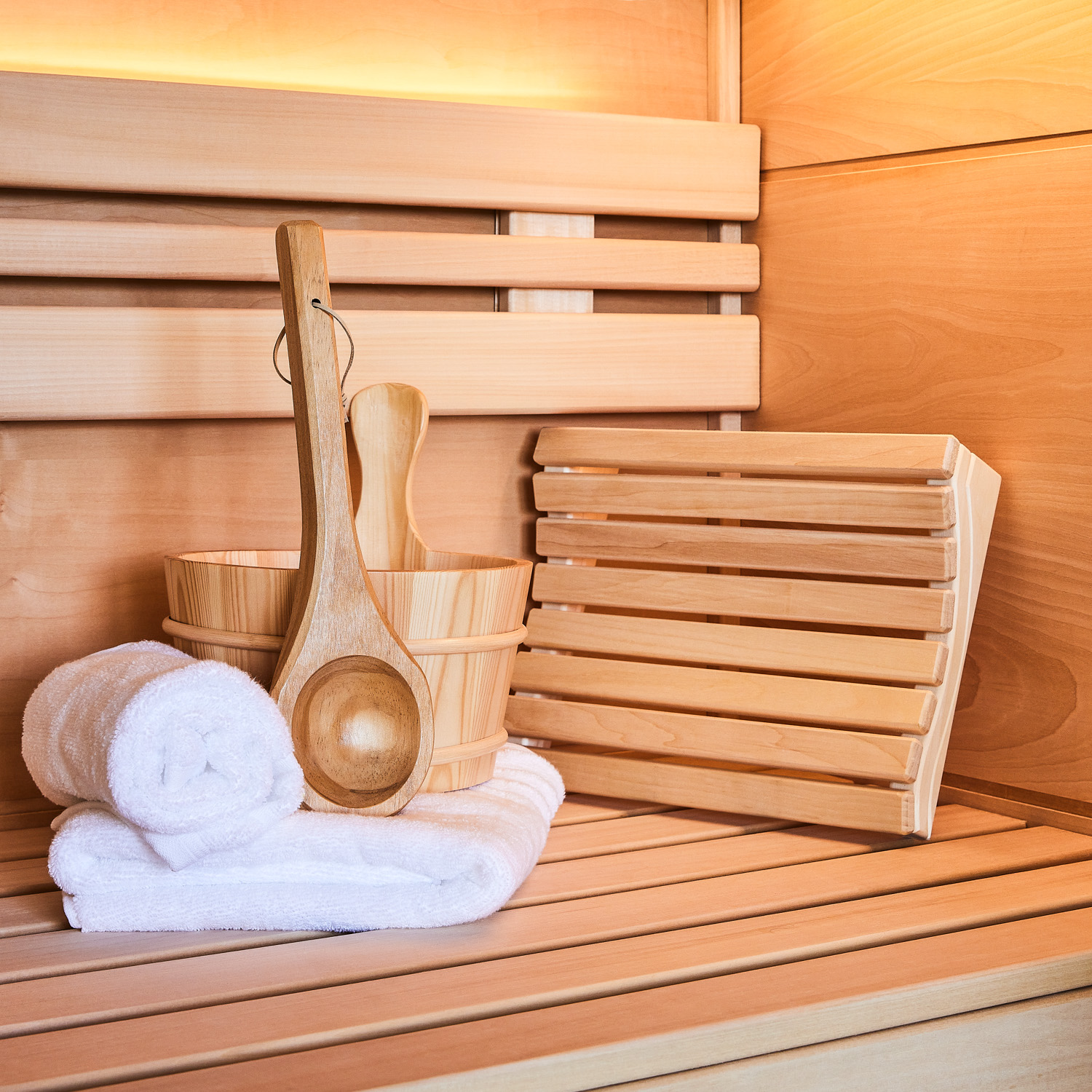 Saunaset Bundle Eimer und Kelle+ Kopfstütze natur