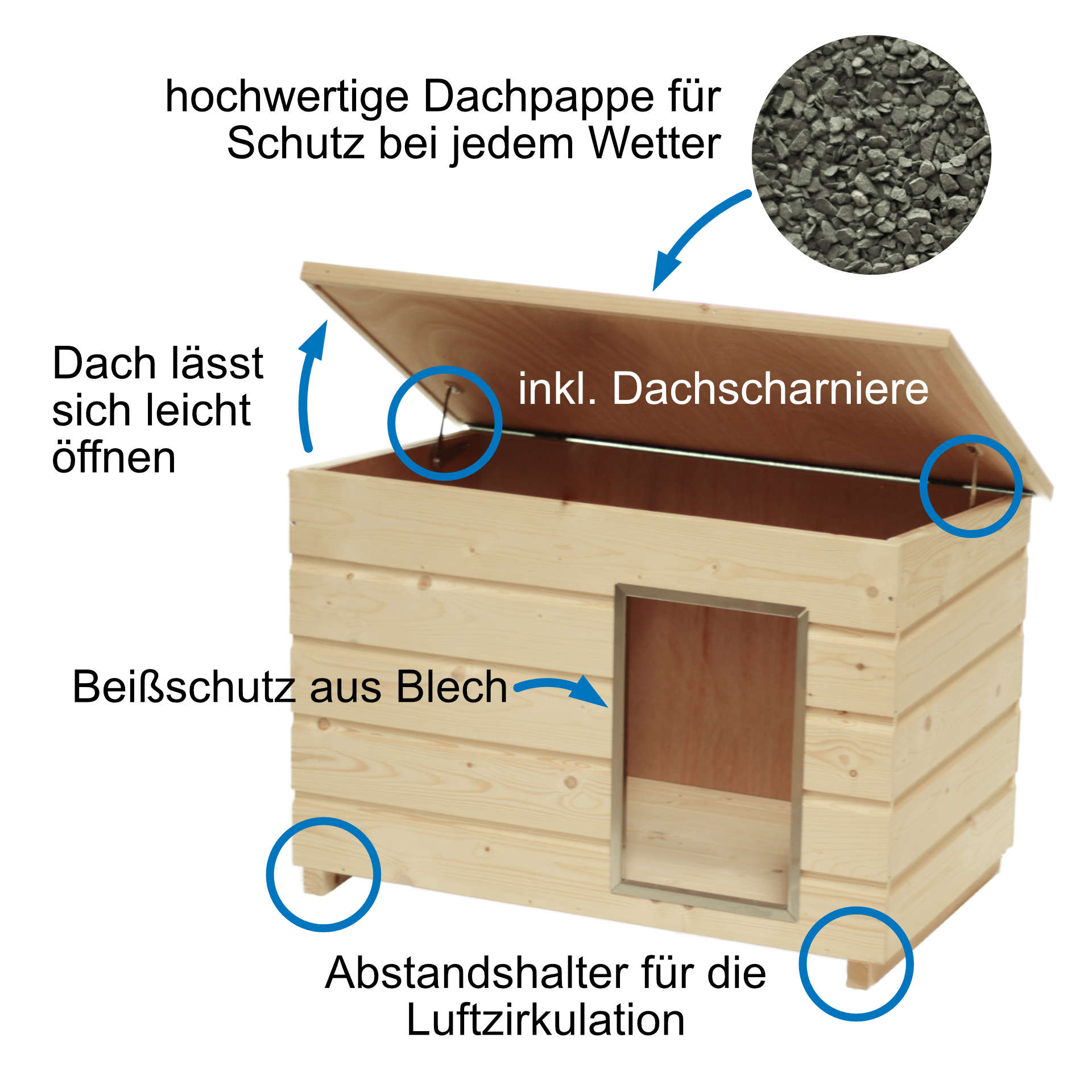 Holz-Hundehütte isoliert, naturbelassen mit aufklappbarem Flachdach