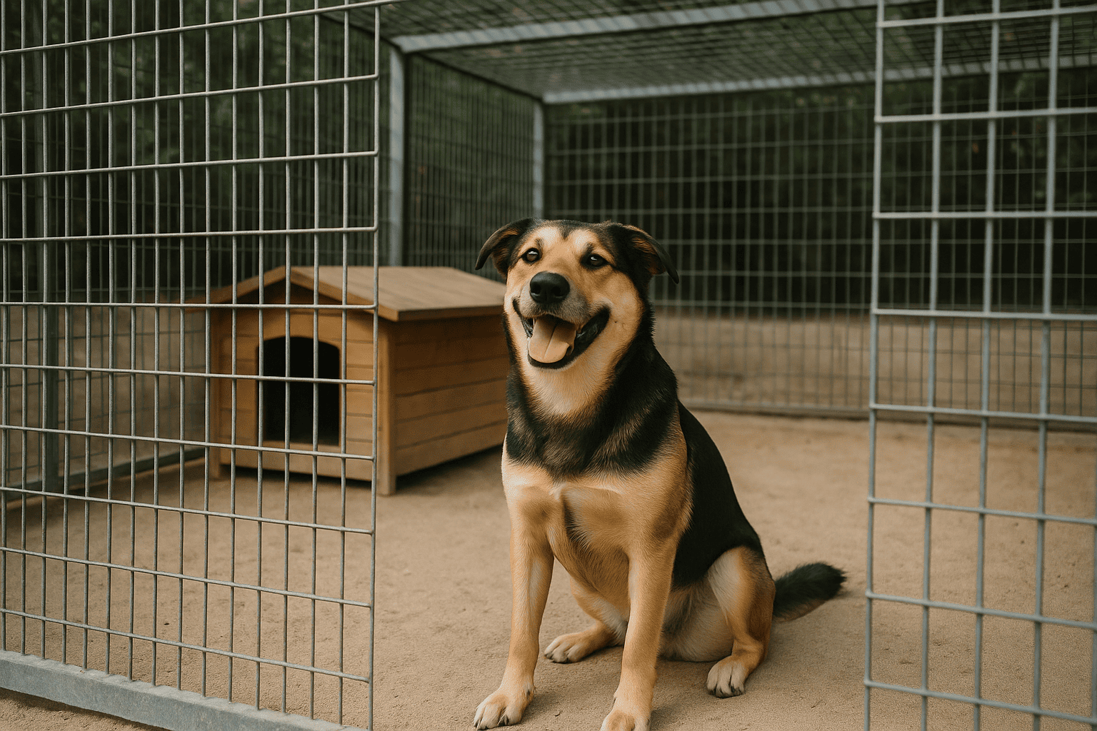 zufriedener Hund in seinem Zwinger