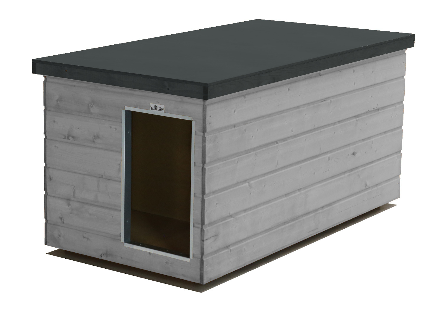 Original SAUERLAND Holz-Hundehütte mit Vorraum, platingrau/graphitgrau | Flachdach Dickschicht | Eingang Schmalseite | Größe Lassie