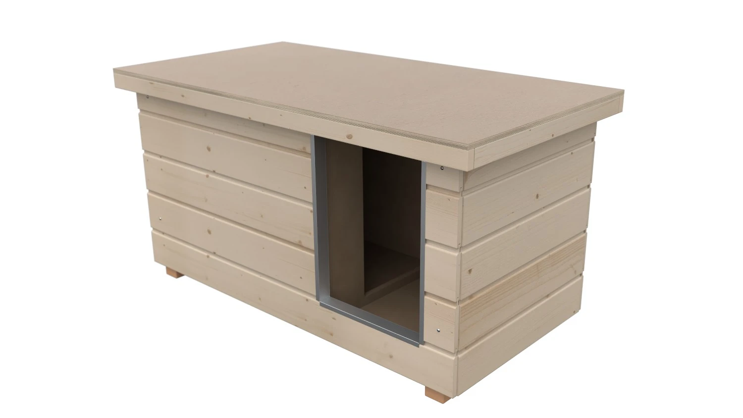 Original SAUERLAND Holz-Hundehütte mit Vorraum, naturbelassen | Flachdach | Eingang Längsseite | Größe Napoleon