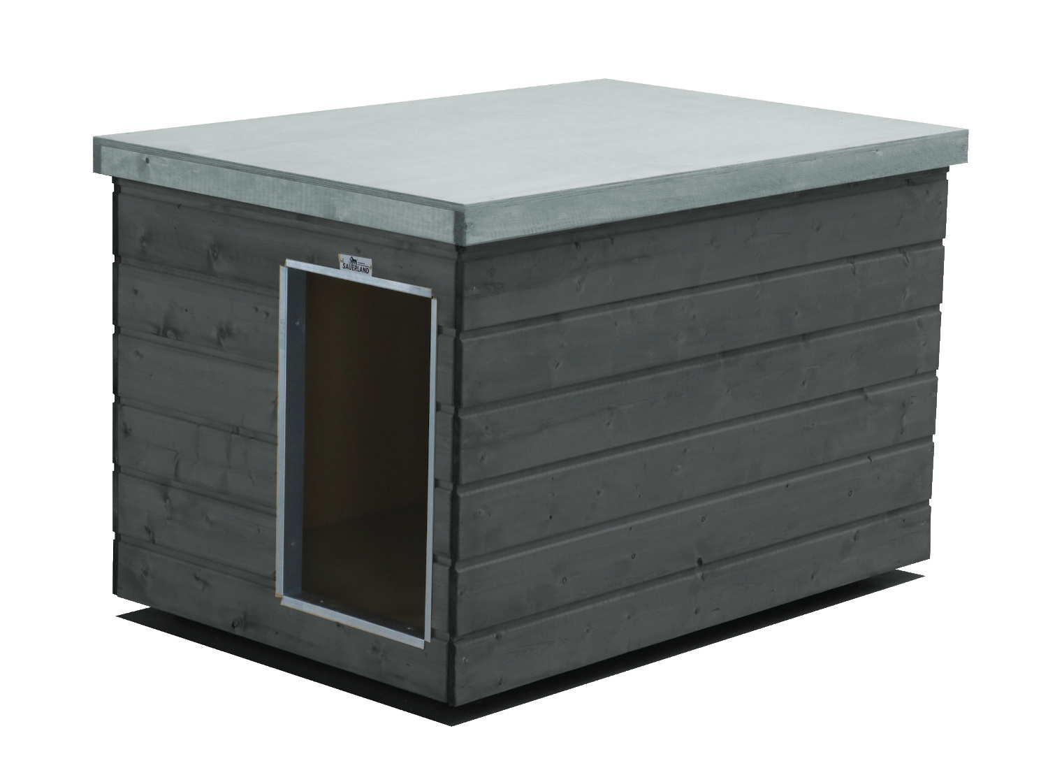Original SAUERLAND Holz-Hundehütte graphitgrau/platingrau | Flachdach | Eingang Schmalseite | Größe Lassie