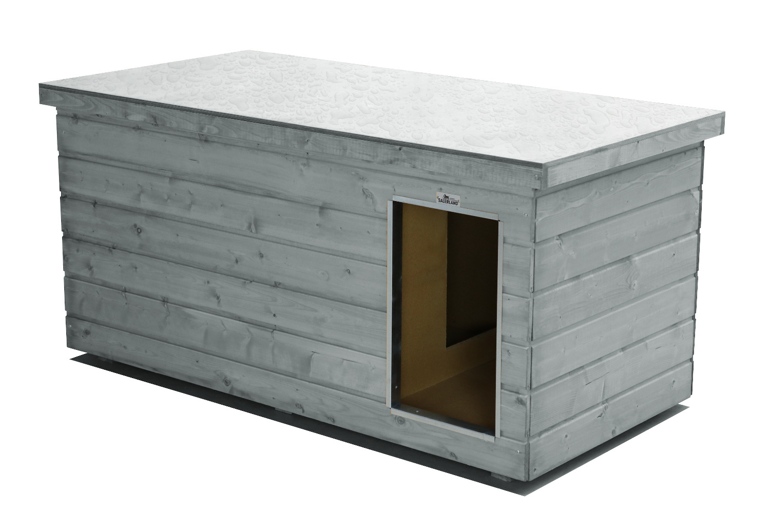 Original SAUERLAND Holz-Hundehütte mit Vorraum, platingrau | Flachdach Dickschicht | Eingang Längsseite | Größe Lassie